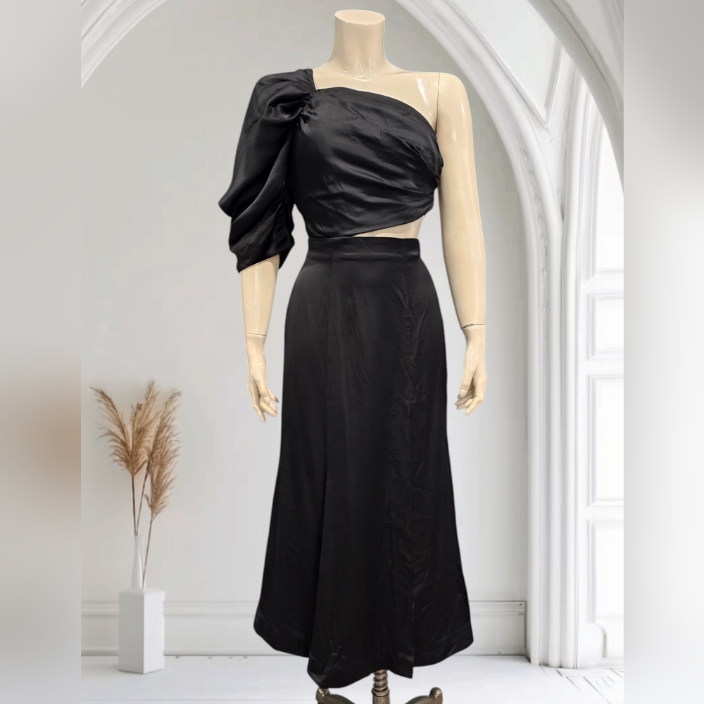 LPA Belinda XS Black One Shoulder Waist Cut Out Flare High Thigh Slit Midi Dress